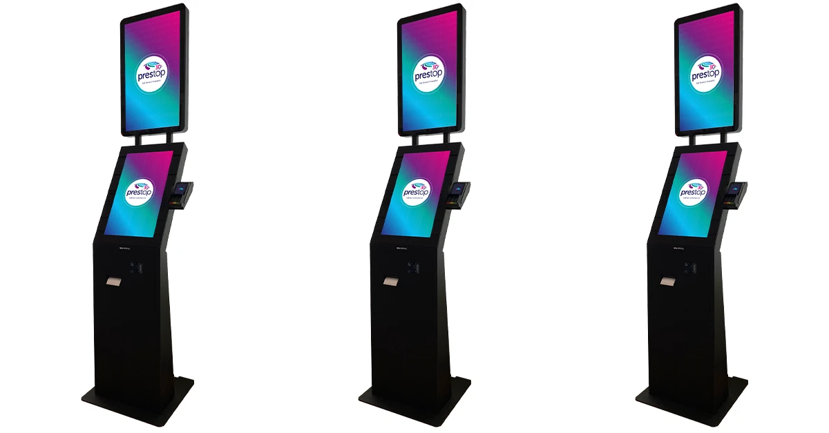 Prestop kiosk Eminent 24 inch met 27 inch topscherm voor digital signage
